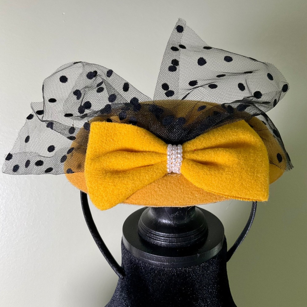 VTG Style Felt Pillbox Fascinator Hat Polka Dot Veil Pearl Bow Headband‎ Derby